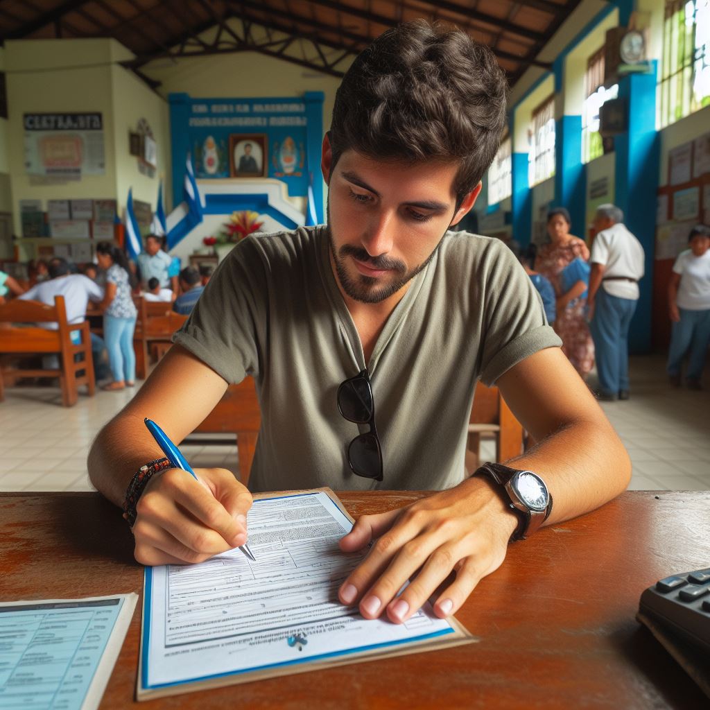 Representación de hombre cumplimentando documentación en consulado hondureño de McAllen