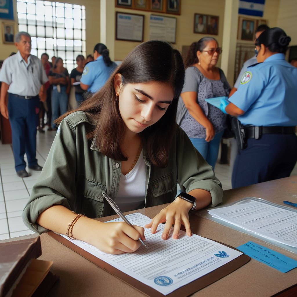 Representación de mujer cumplimentando documentación en consulado hondureño Los Ángeles