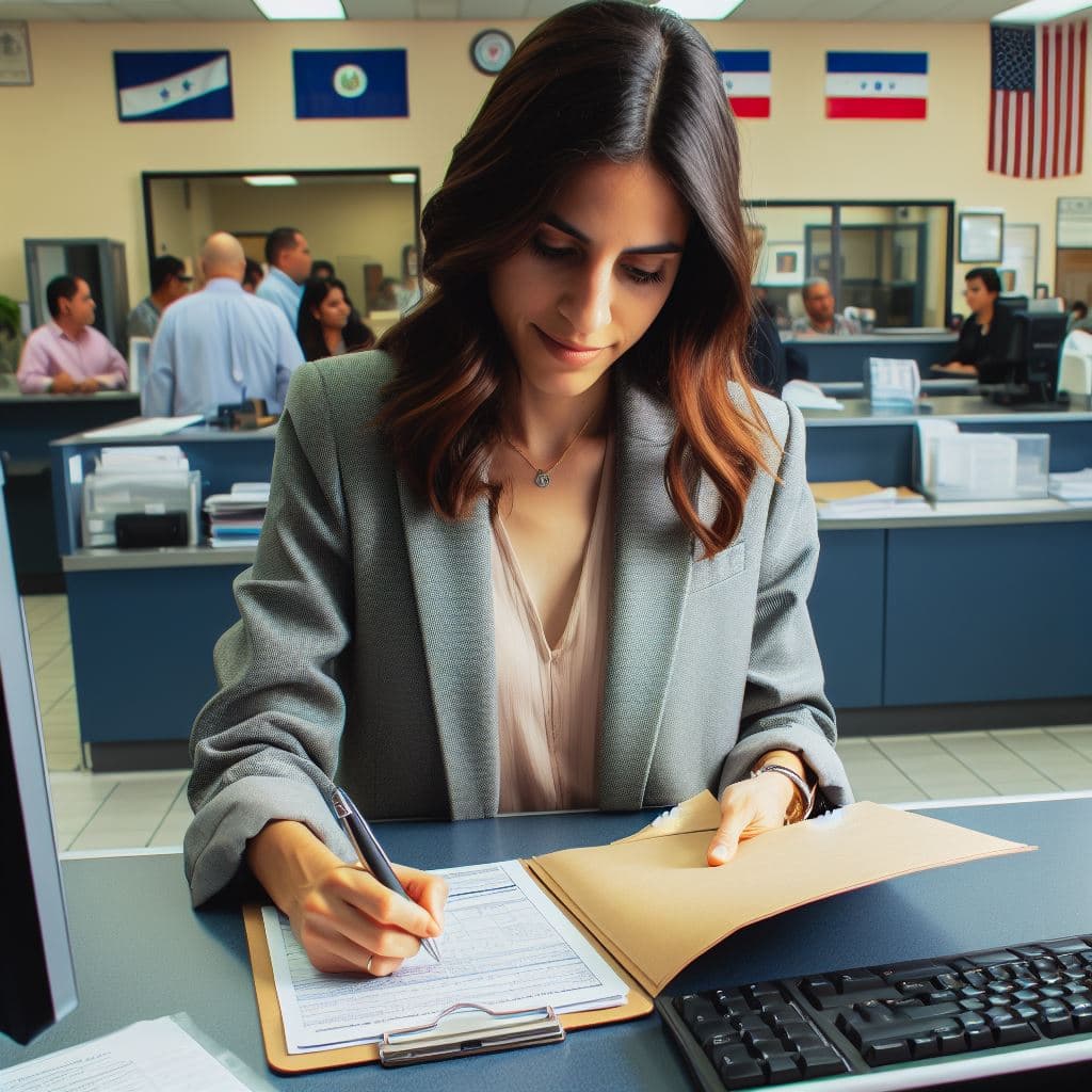 Mujer realizando trámites y rellenando un documento