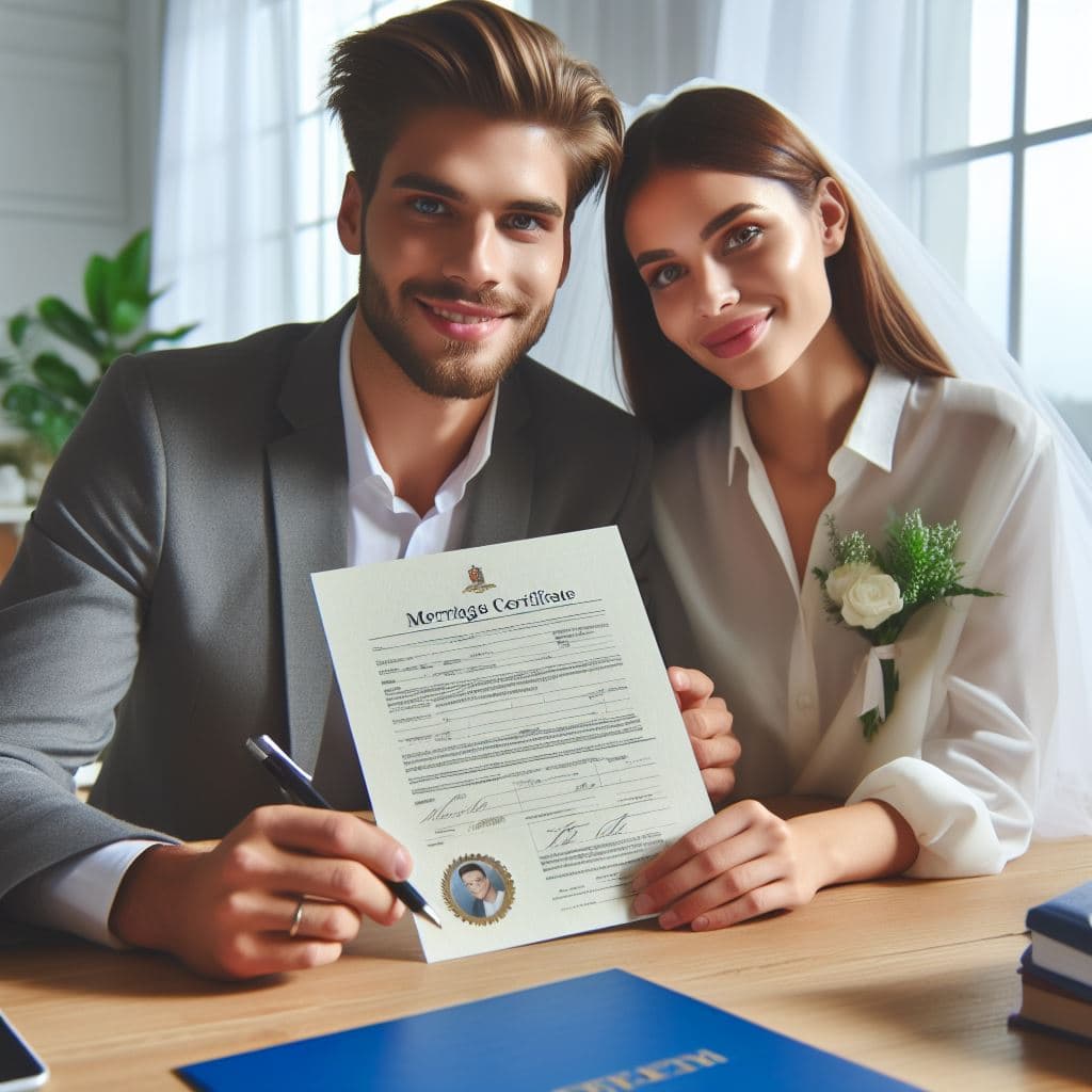 Representación de una pareja de recién casado con un Certificado de Matrimonio