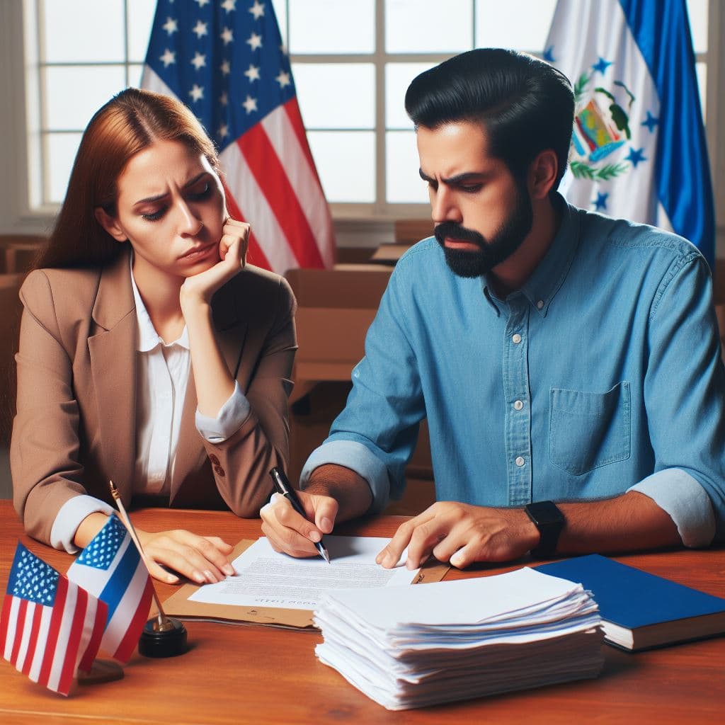 una pareja que se está divorciando presentando su solicitud de divorcio en un consulado Hondureño en Estados Unidos